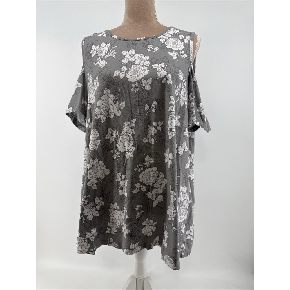 Denim & Co Women's 1X Gray White Floral Cold Shoulder Round Neck Cottage Core